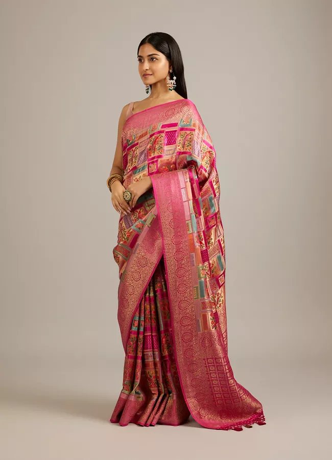 Rani Pink Grid Patterned Saree with Peacock Motifs